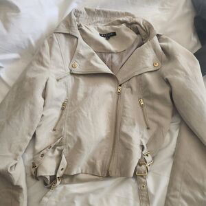 Baccini Women's Light Beige Leather Moto Jacket with Gold Hardware